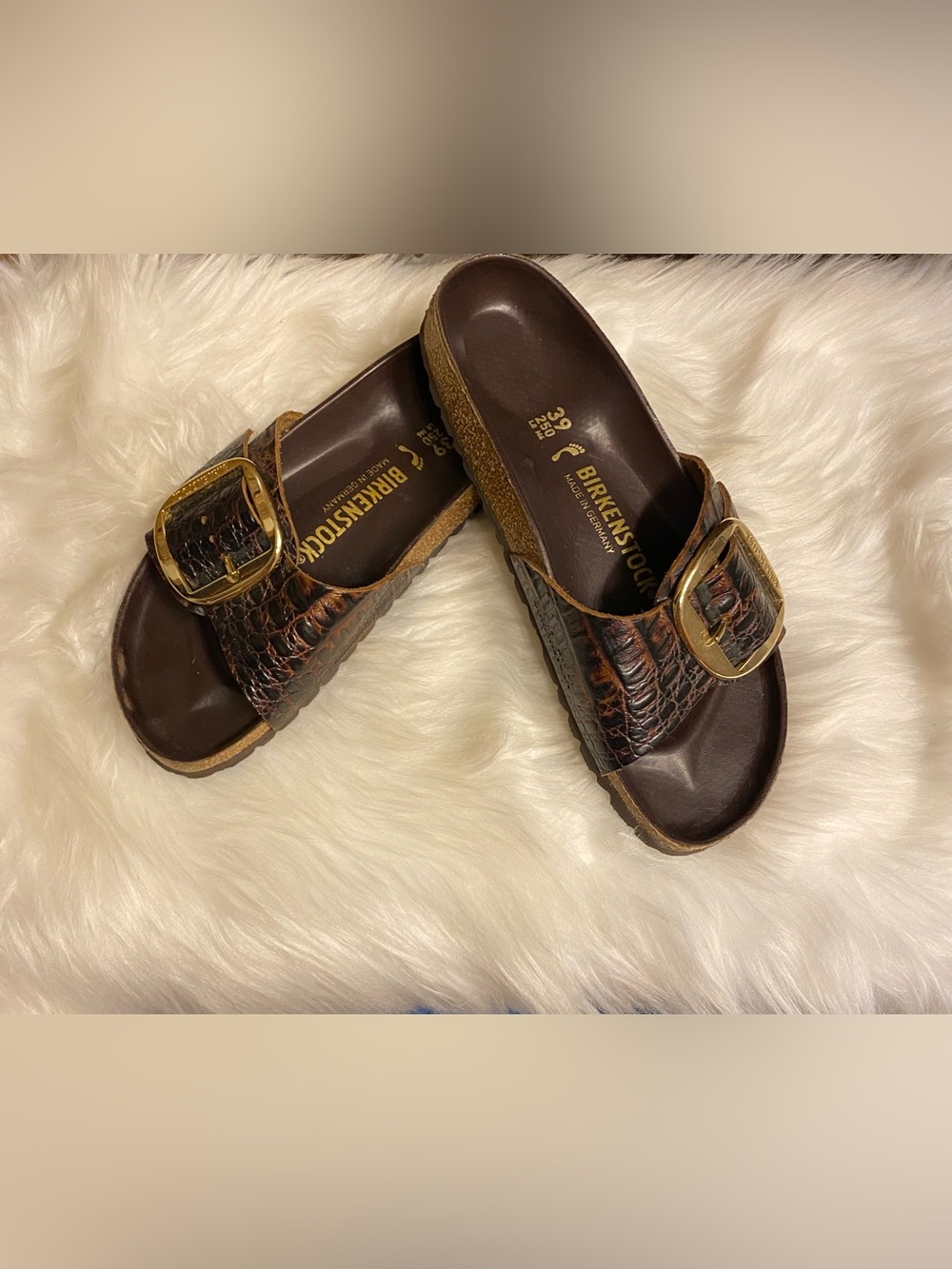 Birkenstock Madrid Croc-Embossed Leather Slide Sandals - Brown